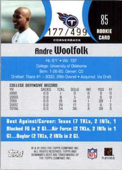 2003 Bowman's Best - Blue #85 Andre Woolfolk Back