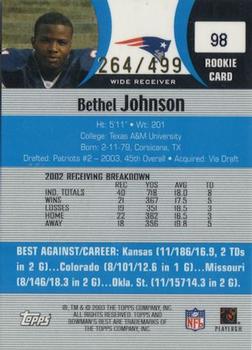 2003 Bowman's Best - Blue #98 Bethel Johnson Back