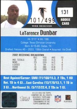 2003 Bowman's Best - Blue #131 LaTarence Dunbar Back