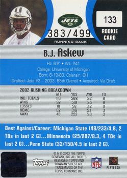 2003 Bowman's Best - Blue #133 B.J. Askew Back