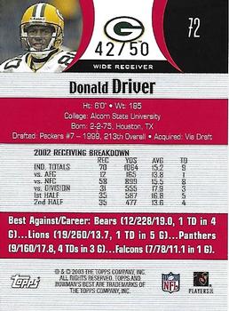 2003 Bowman's Best - Red #72 Donald Driver Back