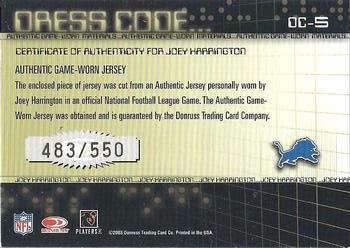 2003 Donruss Classics - Dress Code Jerseys #DC-5 Joey Harrington Back