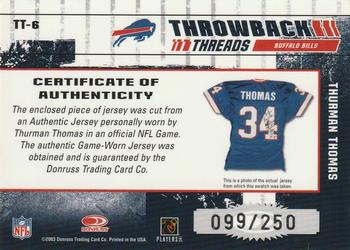 2003 Donruss Elite - Throwback Threads #TT-6 Thurman Thomas Back