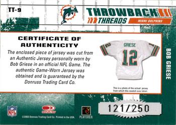 2003 Donruss Elite - Throwback Threads #TT-9 Bob Griese Back