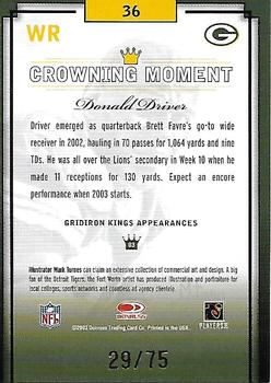 2003 Donruss Gridiron Kings - Gold #36 Donald Driver Back