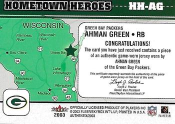 2003 Fleer Authentix - Hometown Heroes Memorabilia #HH-AG Ahman Green Back