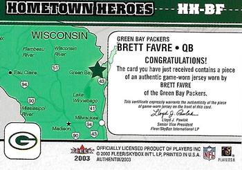 2003 Fleer Authentix - Hometown Heroes Memorabilia #HH-BF Brett Favre Back