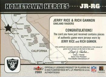 2003 Fleer Authentix - Hometown Heroes Memorabilia #JR-RG Jerry Rice / Rich Gannon Back