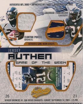 2003 Fleer Authentix - Jersey Authentix Game of the Week Ripped #CP-LT Clinton Portis / LaDainian Tomlinson Front