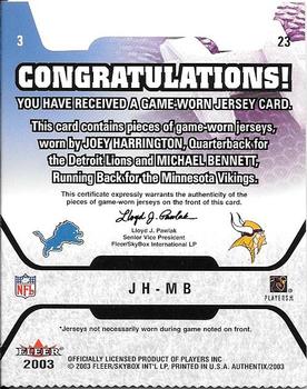 2003 Fleer Authentix - Jersey Authentix Game of the Week Ripped #JH-MB Joey Harrington / Michael Bennett Back