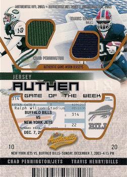 2003 Fleer Authentix - Jersey Authentix Game of the Week Unripped #CP-TH Chad Pennington / Travis Henry Front