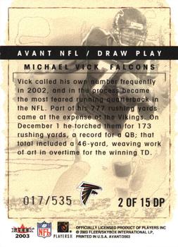 2003 Fleer Avant - Draw Play #2 DP Michael Vick Back
