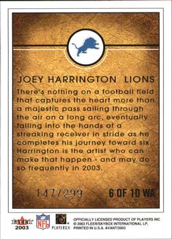 2003 Fleer Avant - Work of Heart #6 WA Joey Harrington Back