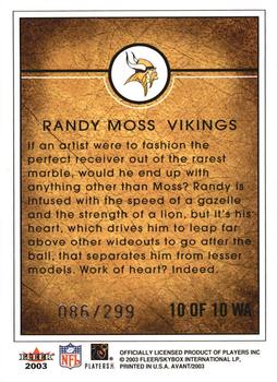 2003 Fleer Avant - Work of Heart #10 WA Randy Moss Back