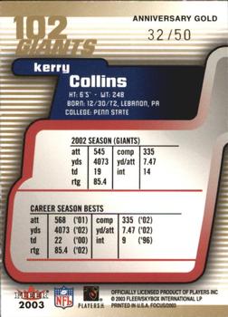 2003 Fleer Focus - Anniversary Gold #102 Kerry Collins Back