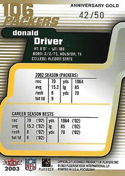 2003 Fleer Focus - Anniversary Gold #106 Donald Driver Back
