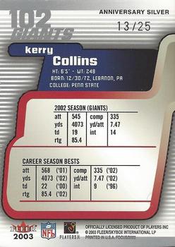 2003 Fleer Focus - Anniversary Silver #102 Kerry Collins Back