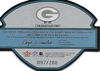 2003 Fleer Focus - Diamond Focus Jerseys Gold (200) #DF-BF Brett Favre Back