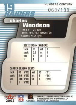 2003 Fleer Focus - Numbers Century #19 Charles Woodson Back