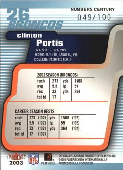 2003 Fleer Focus - Numbers Century #26 Clinton Portis Back