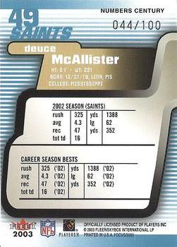 2003 Fleer Focus - Numbers Century #49 Deuce McAllister Back