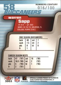 2003 Fleer Focus - Numbers Century #58 Warren Sapp Back