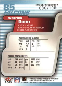 2003 Fleer Focus - Numbers Century #85 Warrick Dunn Back