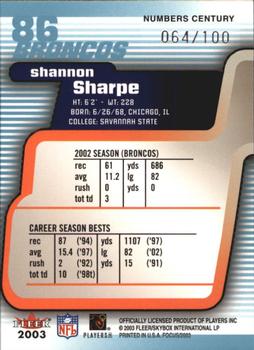 2003 Fleer Focus - Numbers Century #86 Shannon Sharpe Back