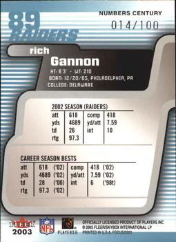 2003 Fleer Focus - Numbers Century #89 Rich Gannon Back