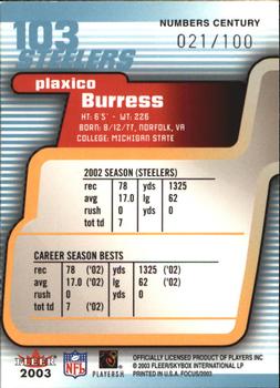 2003 Fleer Focus - Numbers Century #103 Plaxico Burress Back
