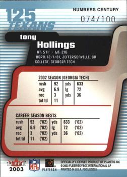 2003 Fleer Focus - Numbers Century #125 Tony Hollings Back