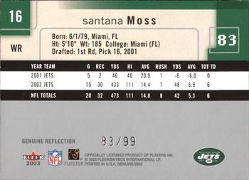 2003 Fleer Genuine Insider - Reflection #16 Santana Moss Back