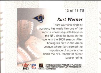 2003 Fleer Genuine Insider - Tools of the Game #13 TG Kurt Warner Back
