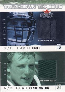 2003 Fleer Genuine Insider - Touchdown Threats Jersey Duals #DC-CP David Carr / Chad Pennington Front