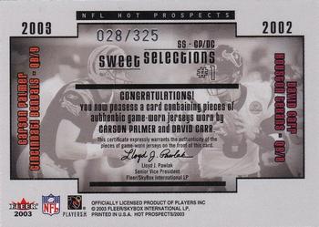 2003 Fleer Hot Prospects - Sweet Selections Jerseys #SS-PM/DC Carson Palmer / David Carr Back