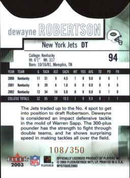 2003 Fleer Mystique - Rookie Blue #94 DeWayne Robertson Back