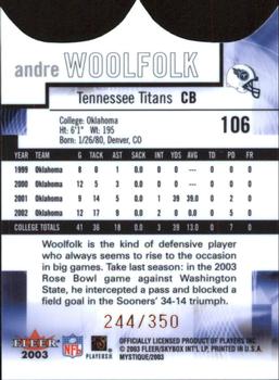 2003 Fleer Mystique - Rookie Blue #106 Andre Woolfolk Back