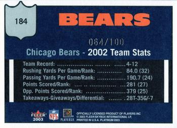 2003 Fleer Platinum - Finish #184 Chicago Bears Back