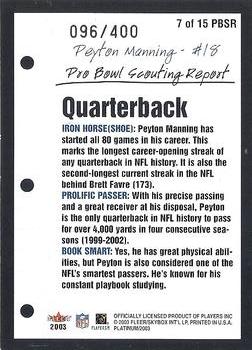 2003 Fleer Platinum - Pro Bowl Scouting Report #7 PBSR Peyton Manning Back
