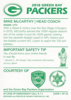 2018 Green Bay Packers Police - Sturgeon Bay Police Department, Door County Sheriff's Office #1 Mike McCarthy Back