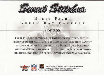 2003 Fleer Showcase - Sweet Stitches #1 SS Brett Favre Back