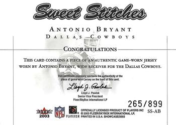 2003 Fleer Showcase - Sweet Stitches Jerseys #SS-AB Antonio Bryant Back