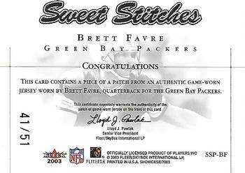 2003 Fleer Showcase - Sweet Stitches Jerseys Patches Purple #SSP-BF Brett Favre Back