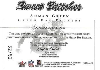 2003 Fleer Showcase - Sweet Stitches Jerseys Patches Purple #SSP-AG Ahman Green Back
