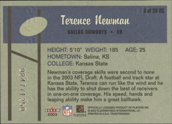 2003 Fleer Tradition - Rookie Sensations #3 RS Terence Newman Back