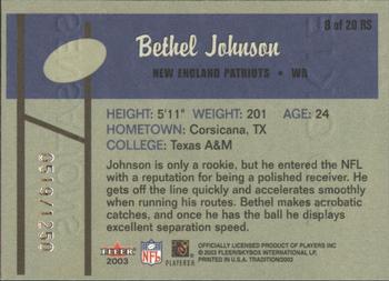 2003 Fleer Tradition - Rookie Sensations #8 RS Bethel Johnson Back
