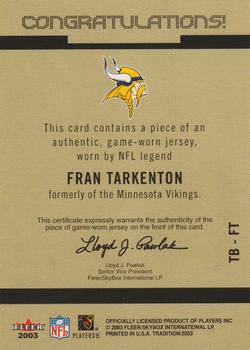 2003 Fleer Tradition - Throwbacks Memorabilia #TB-FT Fran Tarkenton Back