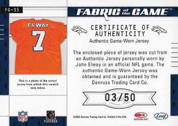 2003 Leaf Certified Materials - Fabric of the Game #FG-35 John Elway Back