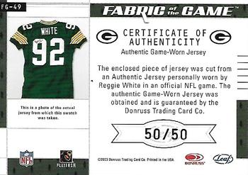 2003 Leaf Certified Materials - Fabric of the Game #FG-49 Reggie White Back