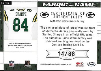 2003 Leaf Certified Materials - Fabric of the Game #FG-53 Sterling Sharpe Back